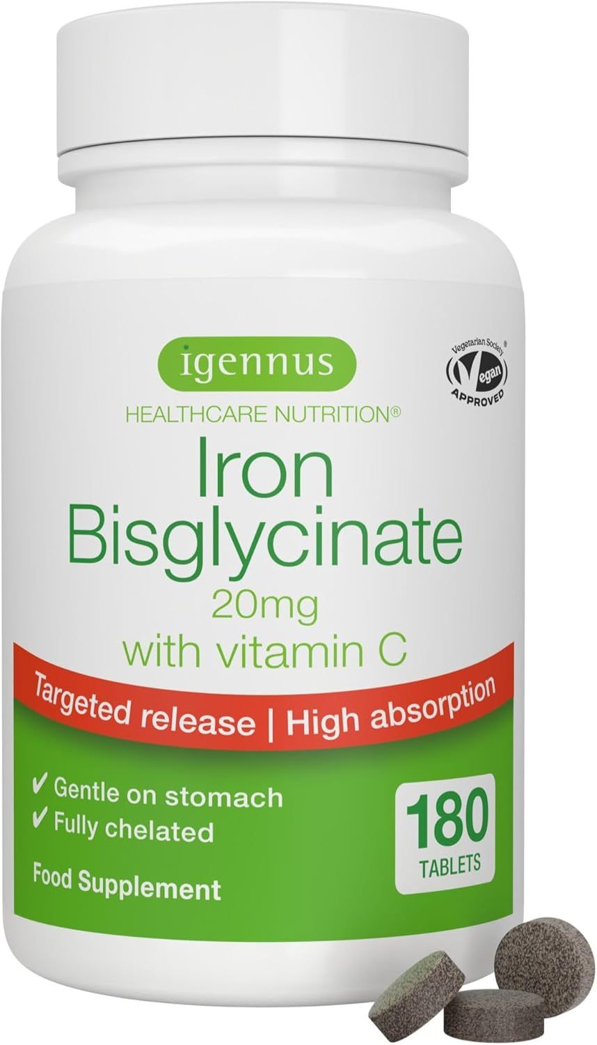 Flasche Igennus Iron Bisglycinate 20mg mit Vitamin C, 180 Tabletten, mit Siegeln.