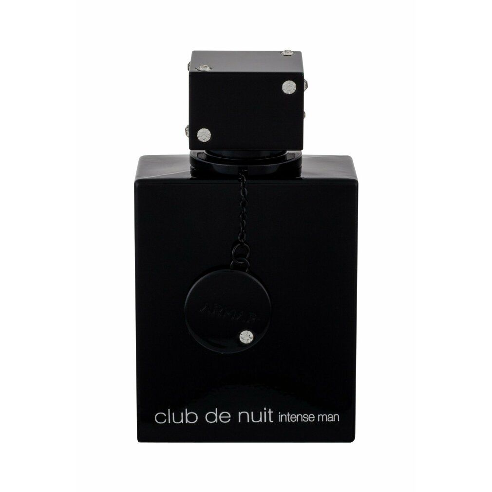 Schwarzer Flakon mit quadratischem Deckel. Aufschrift: Club de Nuit Intense Man. Anhänger mit Logo.