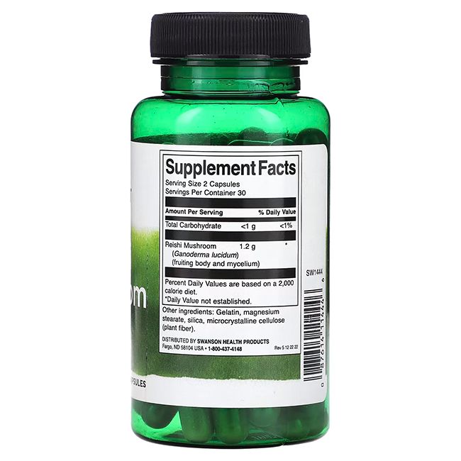 Grüne Flasche mit schwarzem Deckel. Rückseite mit Nährwertangaben, einschließlich "Reishi Mushroom" und Inhaltsstoffen.