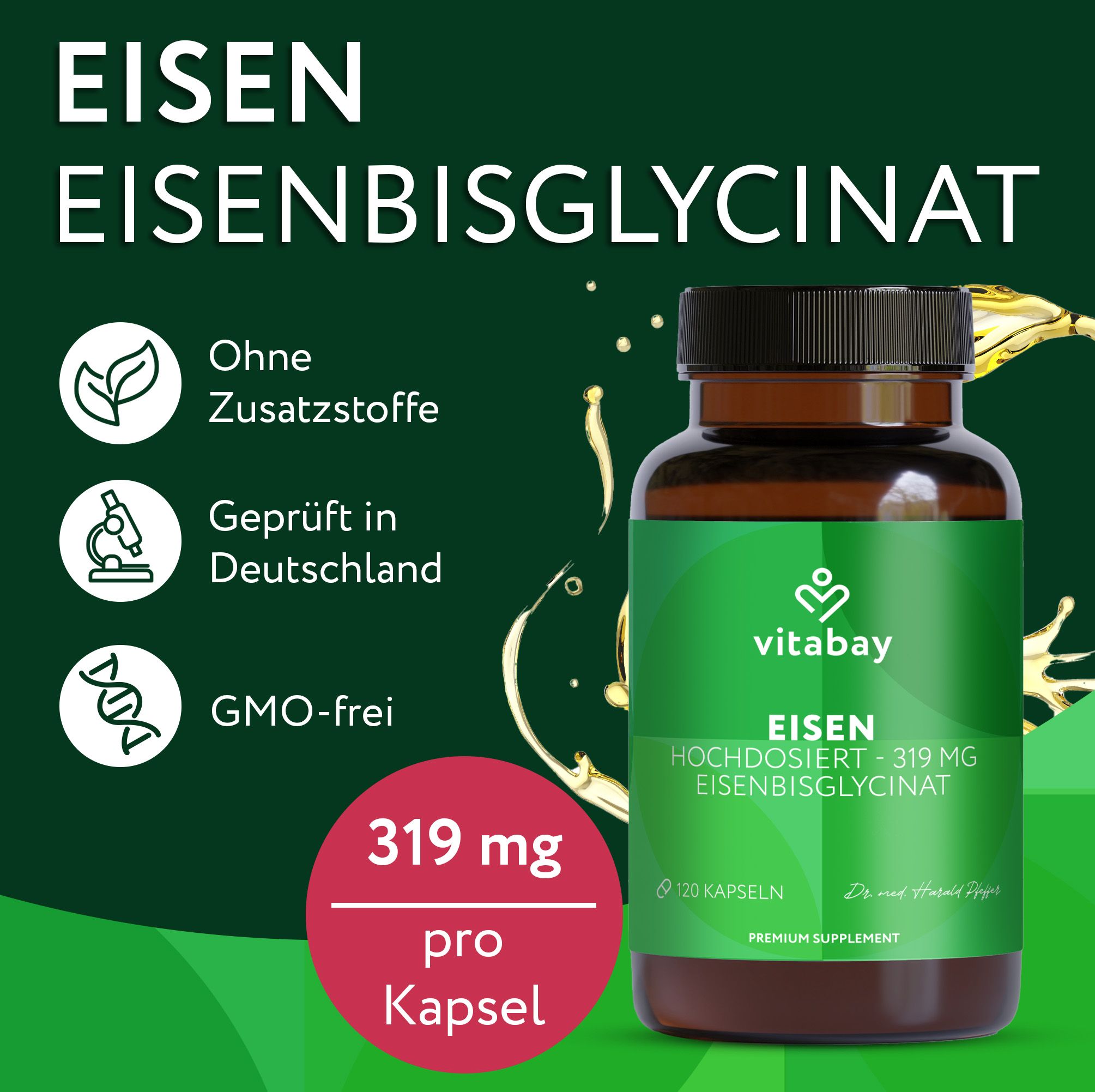 Flasche Vitabay Eisen Aktiv 319 mg. Text: Ohne Zusatzstoffe, geprüft in Deutschland, GMO-frei. 319 mg pro Kapsel.