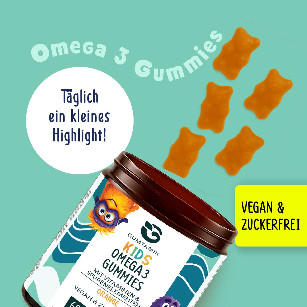 Geöffnete Dose mit orangefarbenen Gummibärchen. Aufschrift: Omega 3 Gummies, Vegan & zuckerfrei.