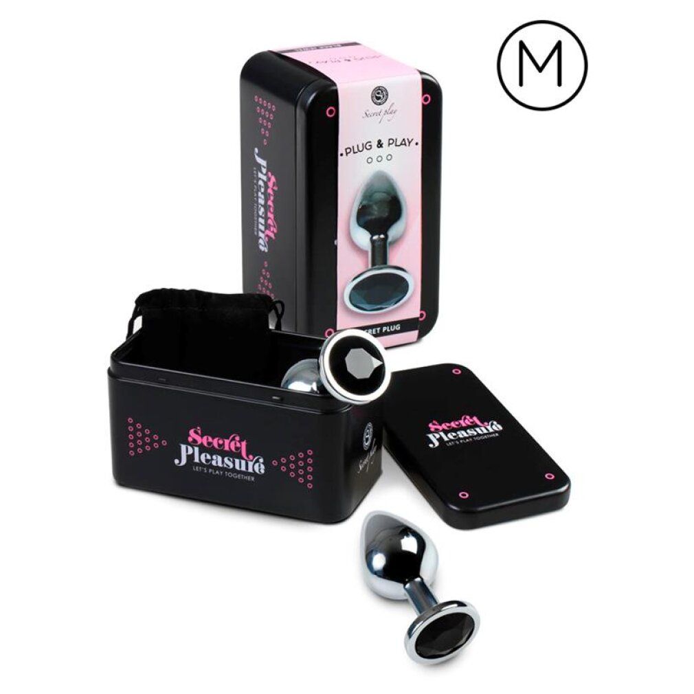 Analplug aus Metall mit breiter Basis und schwarzem Steinbesatz. Inklusive Aufbewahrungsbox und Beutel. Größe M.