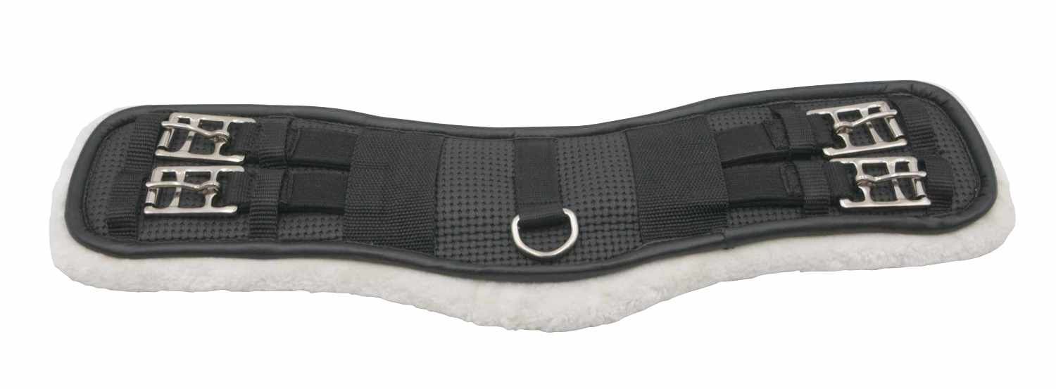 Schwarzer Sattelgurt mit Kunstfell und Rollschnallen. Mit D-Ring. 