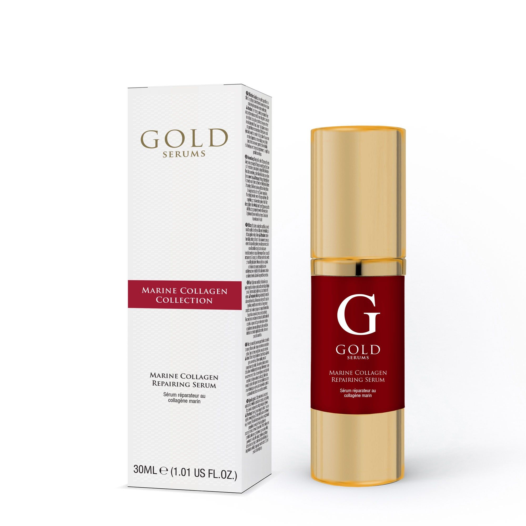 Goldfarbene Flasche mit roter Beschriftung neben einer weißen Schachtel. Aufschrift: "GOLD SERUMS".