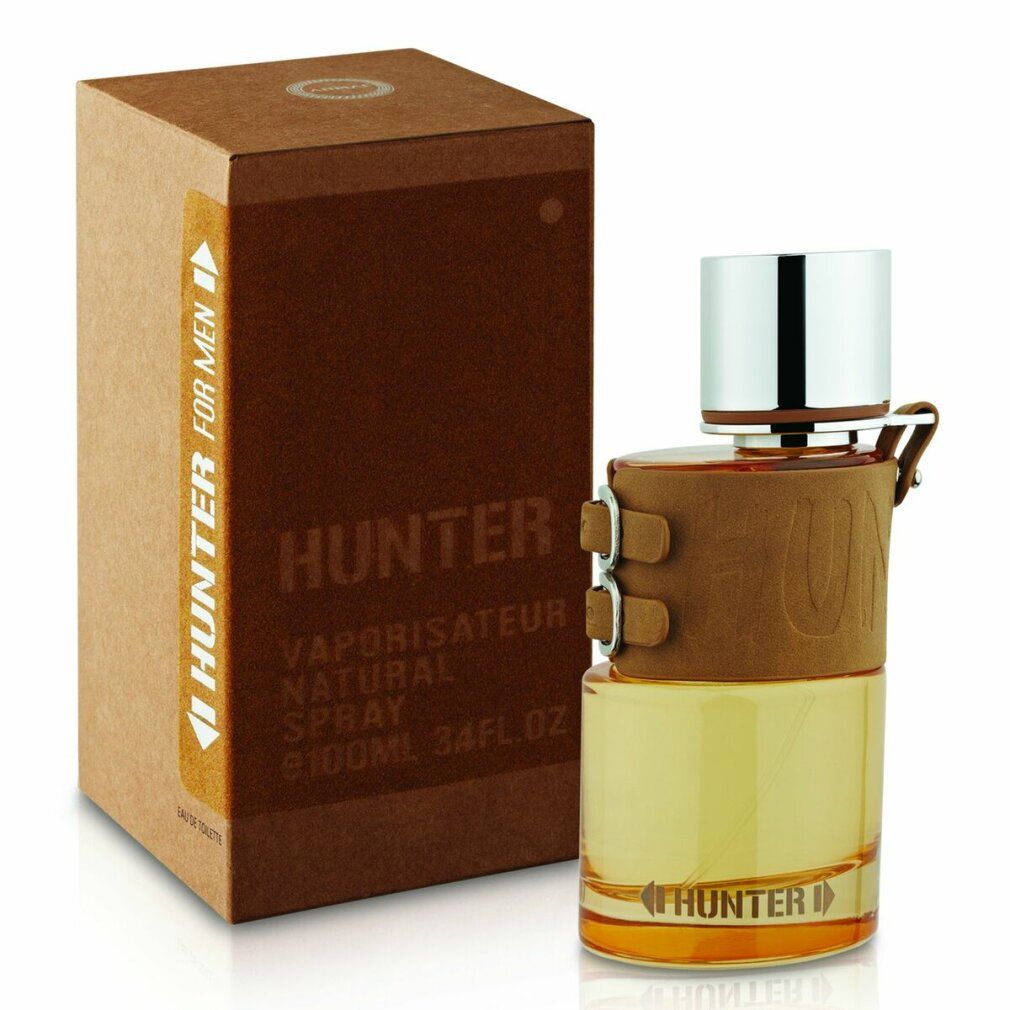 Parfümflasche mit brauner Lederhülle und Karton. Aufschrift: Hunter. Marke: Armaf. 100ml.