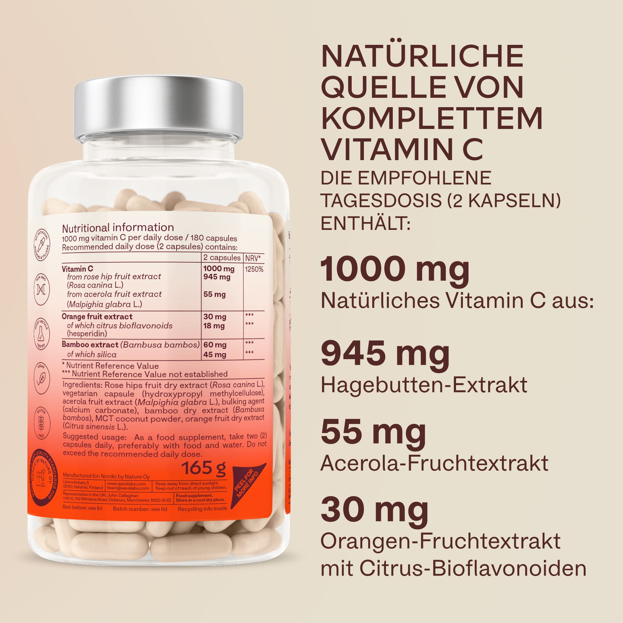 Nährwertangaben. 1000 mg Vitamin C. Hagebutte, Acerola, Orange. 165 g. Empfohlene Tagesdosis: 2 Kapseln.