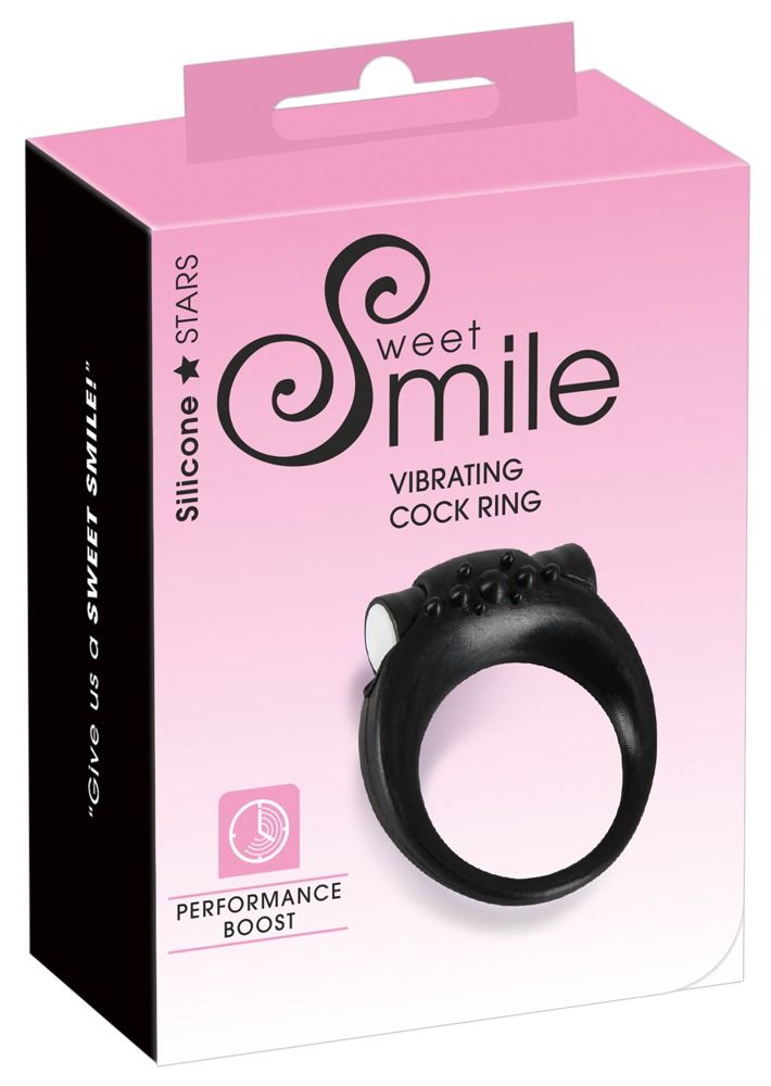 Verpackung von Sweet Smile. Rosa Box mit Produktabbildung und Text. Vibrations-Cockring.
