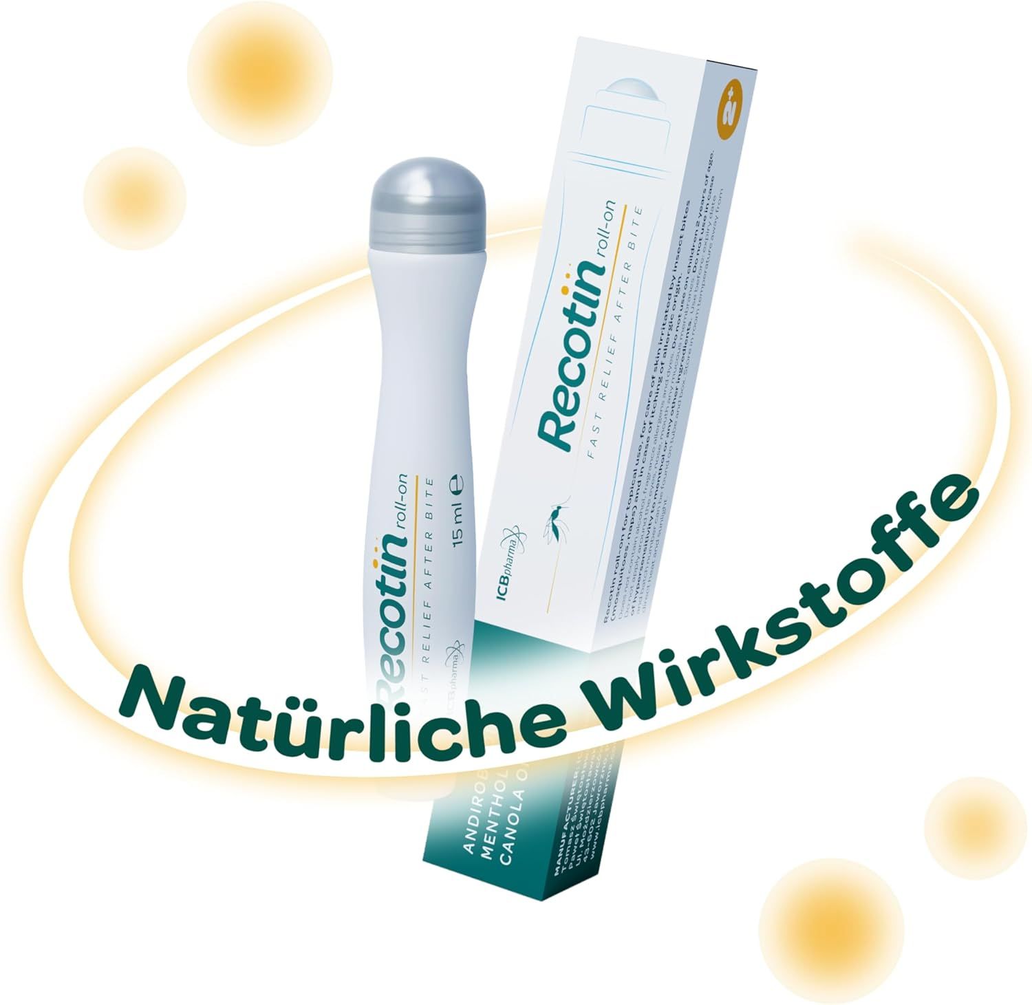 Roll-on-Flasche und Verpackung. Produktname: Recotin roll-on. Text: Natürliche Wirkstoffe. Gelber Hintergrund mit Kreisen.