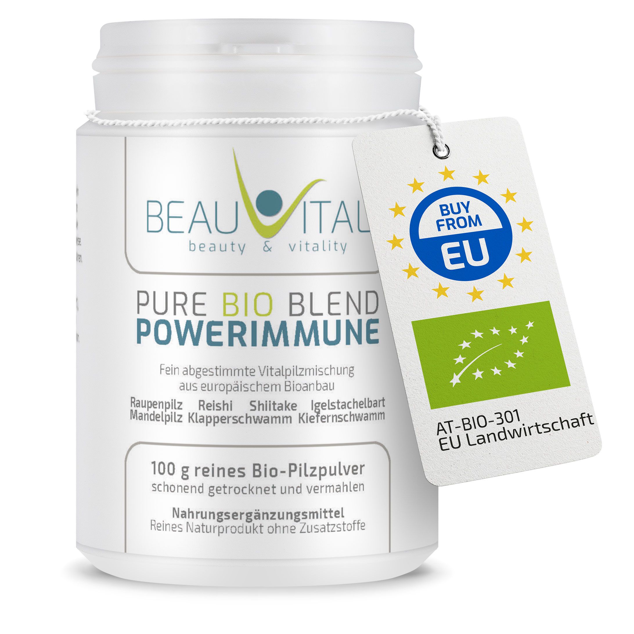 BEAUVITAL Pure Bio Blend Powerimmune Pilzpulver in weißem Behälter mit EU Bio-Siegel.