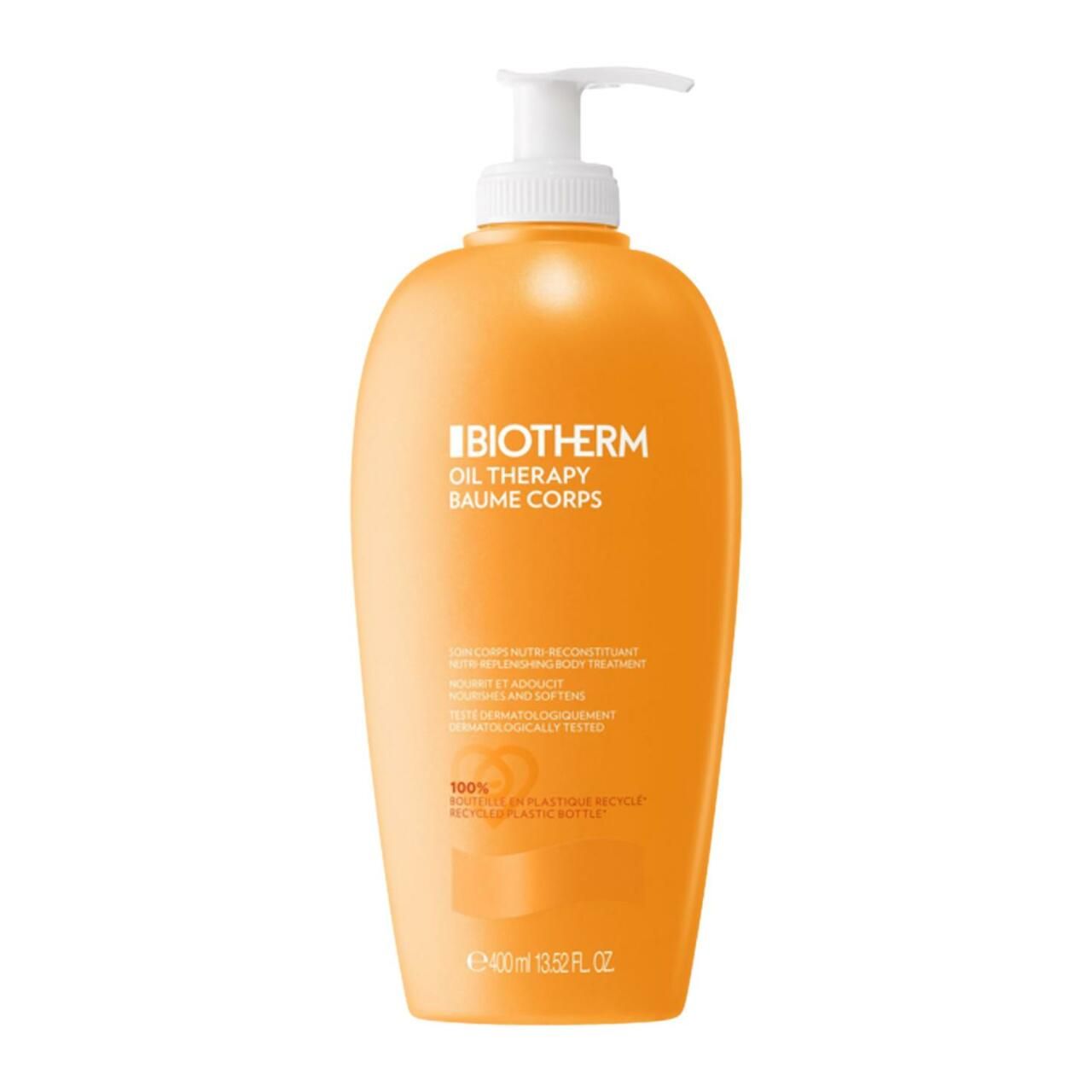 BIOTHERM Oil Therapy. Orangefarbene Flasche mit weißem Pumpverschluss. Text: Oil Therapy, Baume Corps. 400ml.