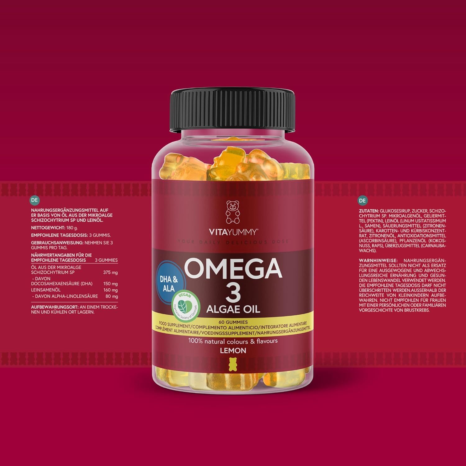 Flasche mit Omega 3 Algenöl Gummibärchen. Aufschrift: VITAYUMMY, Omega 3, Algenöl, 60 Gummies, Zitrone. Nährwertangaben und Zutatenliste.