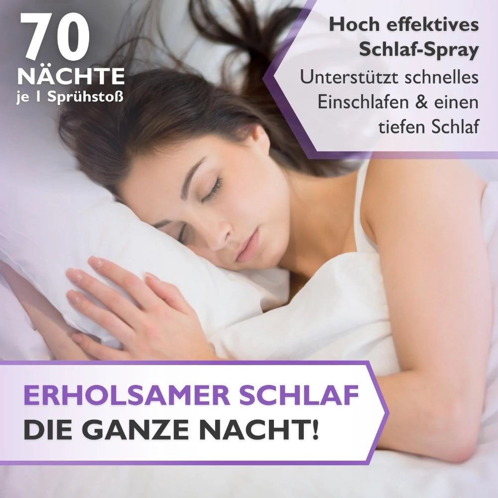 Frau schläft im Bett. Text: 70 Nächte je 1 Sprühstoß. Hoch effektives Schlaf-Spray. Für erholsamen Schlaf.