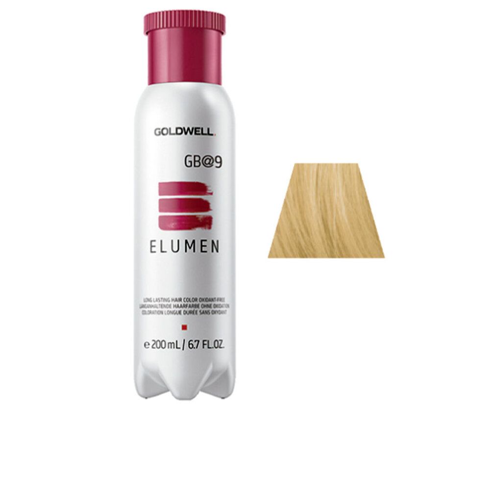 Flasche ELUMEN Haarfarbe, weiß, mit rotem Deckel. Daneben ein blondes Haarfarbmuster.