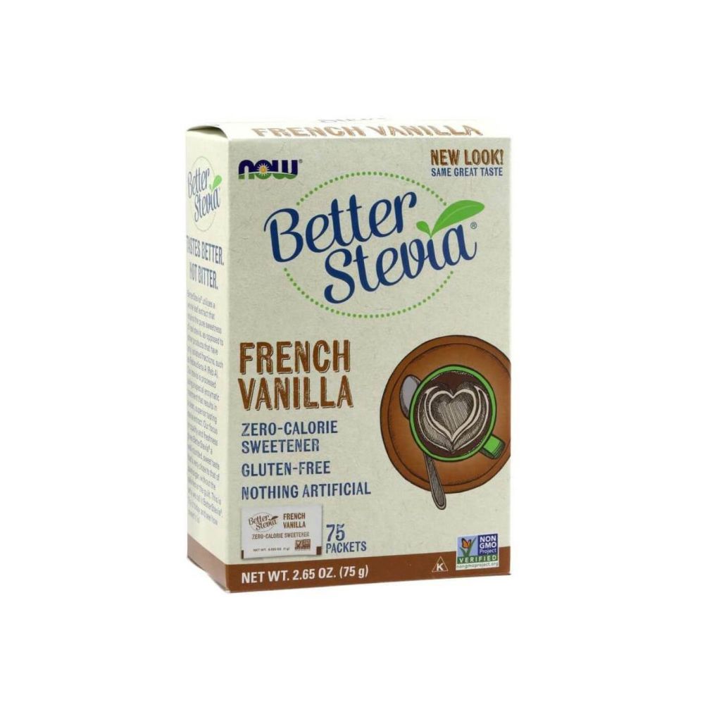 Karton mit Better Stevia French Vanilla. Aufdruck: Zero-Calorie Sweetener, glutenfrei, nichts Künstliches. 75 Päckchen.