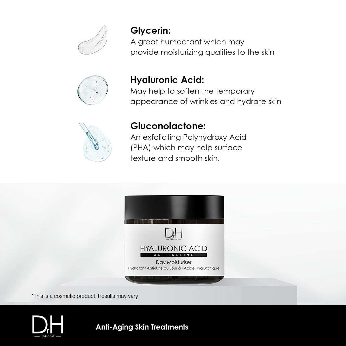 Creme-Tiegel mit Inhaltsstoff-Informationen. Aufschrift: Hyaluronsäure Anti-Aging Day Moisturiser. Inhaltsstoffe: Glycerin, Hyaluronsäure, Gluconolacton.