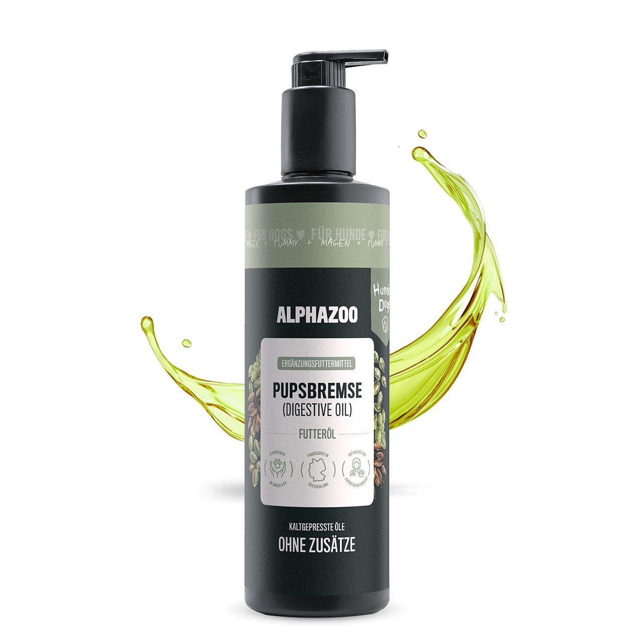 Schwarze Flasche mit Pumpe, Alphazoo Pupsbremse Futteröl. Etikett mit Produktnamen und Inhaltsangaben. Gelbe Flüssigkeit im Hintergrund.