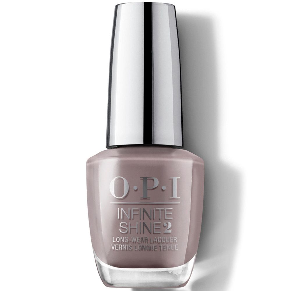 Nagellackflasche, OPI Infinite Shine 2. Silberner Deckel, taupefarbener Lack.