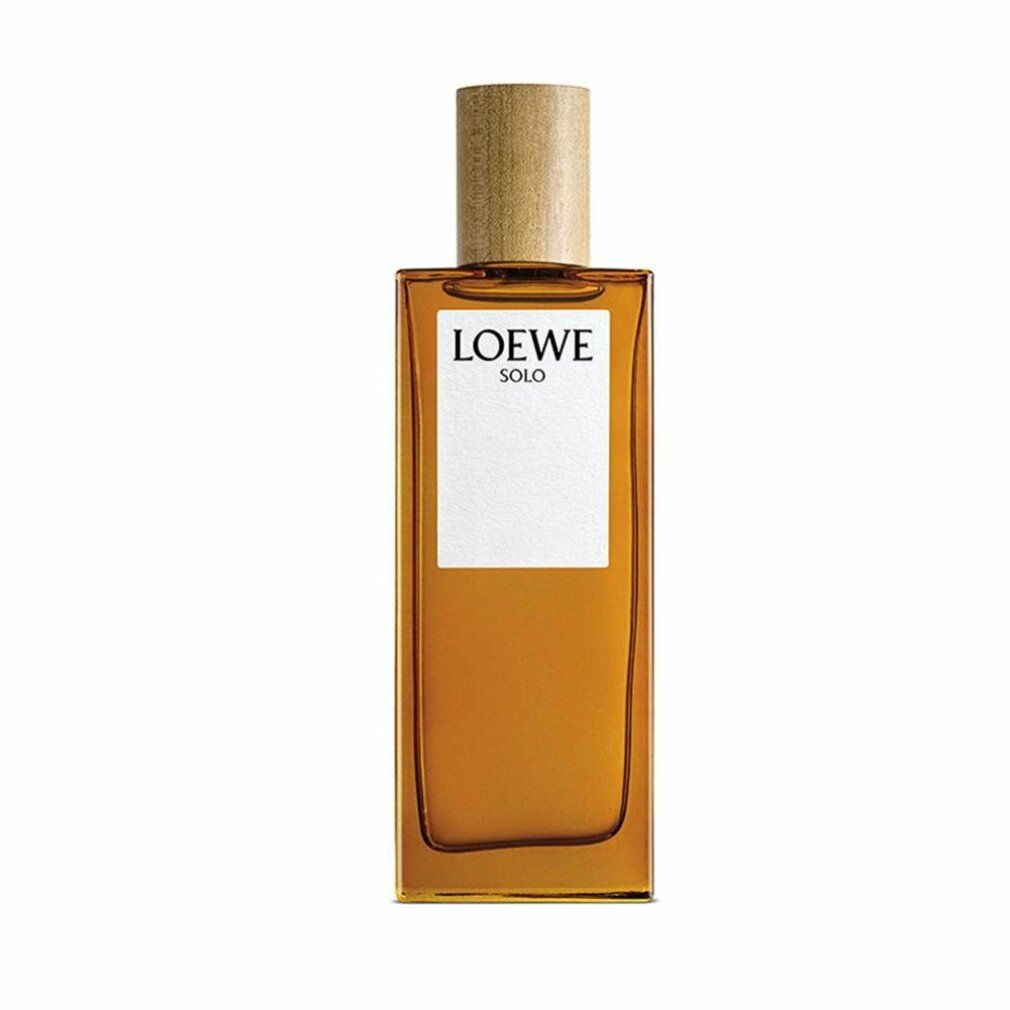 Rechteckige, braune Glasflasche mit Holzdeckel. Auf dem Etikett steht "LOEWE SOLO".