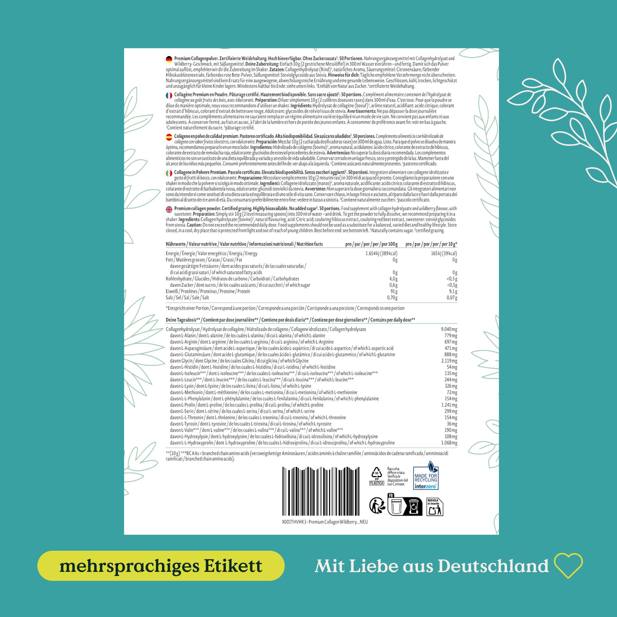 Rückseite der NATURE LOVE® Collagenpulver-Verpackung. Mehrsprachiges Etikett mit Nährwertangaben und Inhaltsstoffen.