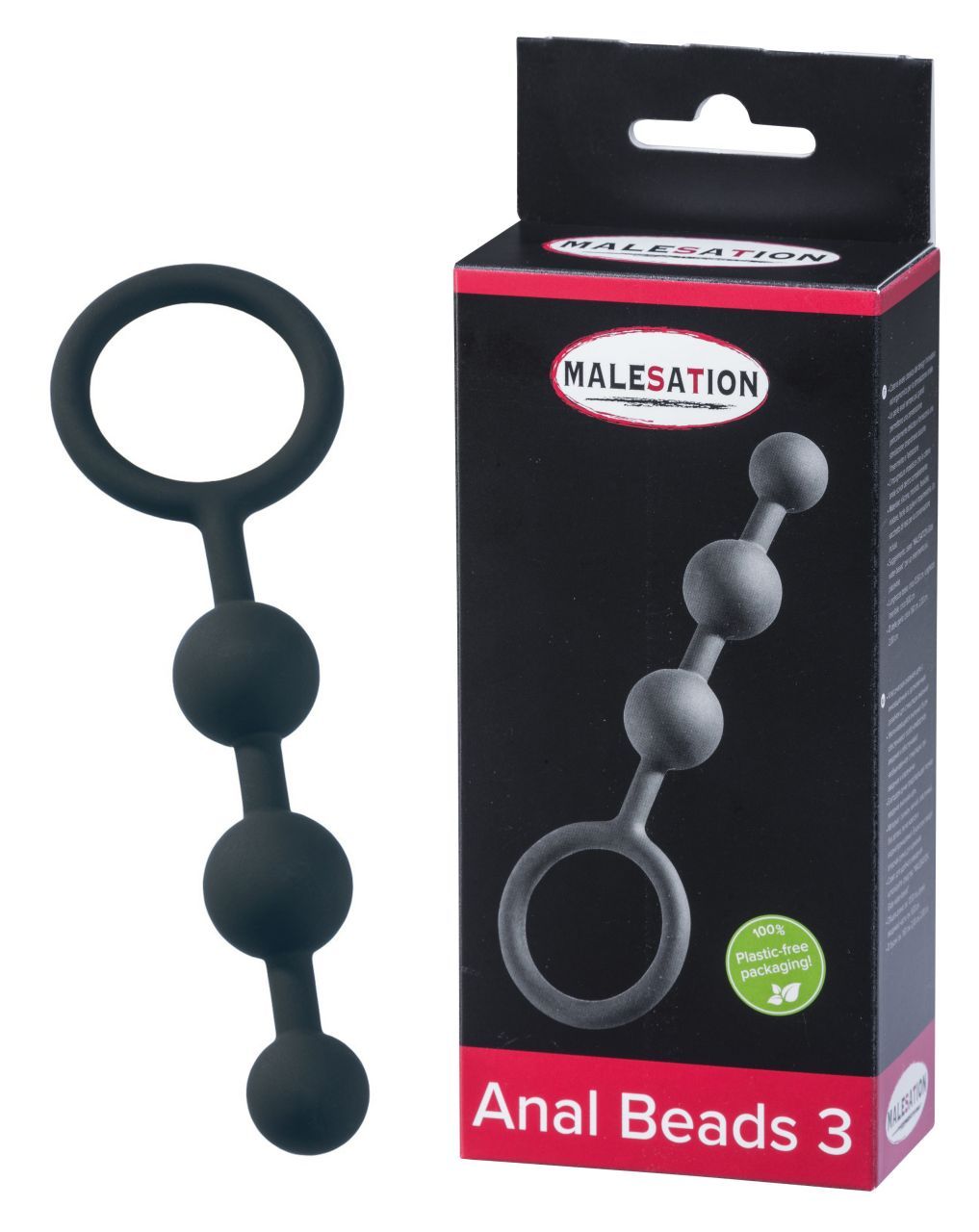 Schwarze Anal Beads mit drei Kugeln und einem Ring aus Silikon. In Verkaufsverpackung mit "100% Plastic-free packaging" Siegel.