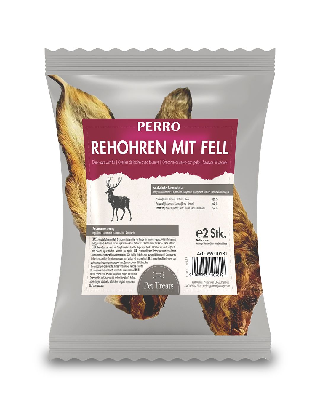 Verpackung mit Hunde-Kauartikeln. Enthält zwei Rehohren mit Fell. Aufschrift: PERRO Rehohren mit Fell. Enthält Nährwertangaben und ein Hirsch-Logo.