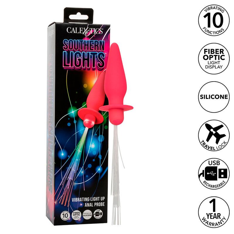 Verpackung mit Analplug. Pinkfarbener Silikon-Plug mit Lichtfasern. Aufschrift: Calexotics, Southern Lights. Funktionen: Vibration, Fiber Optic, USB.