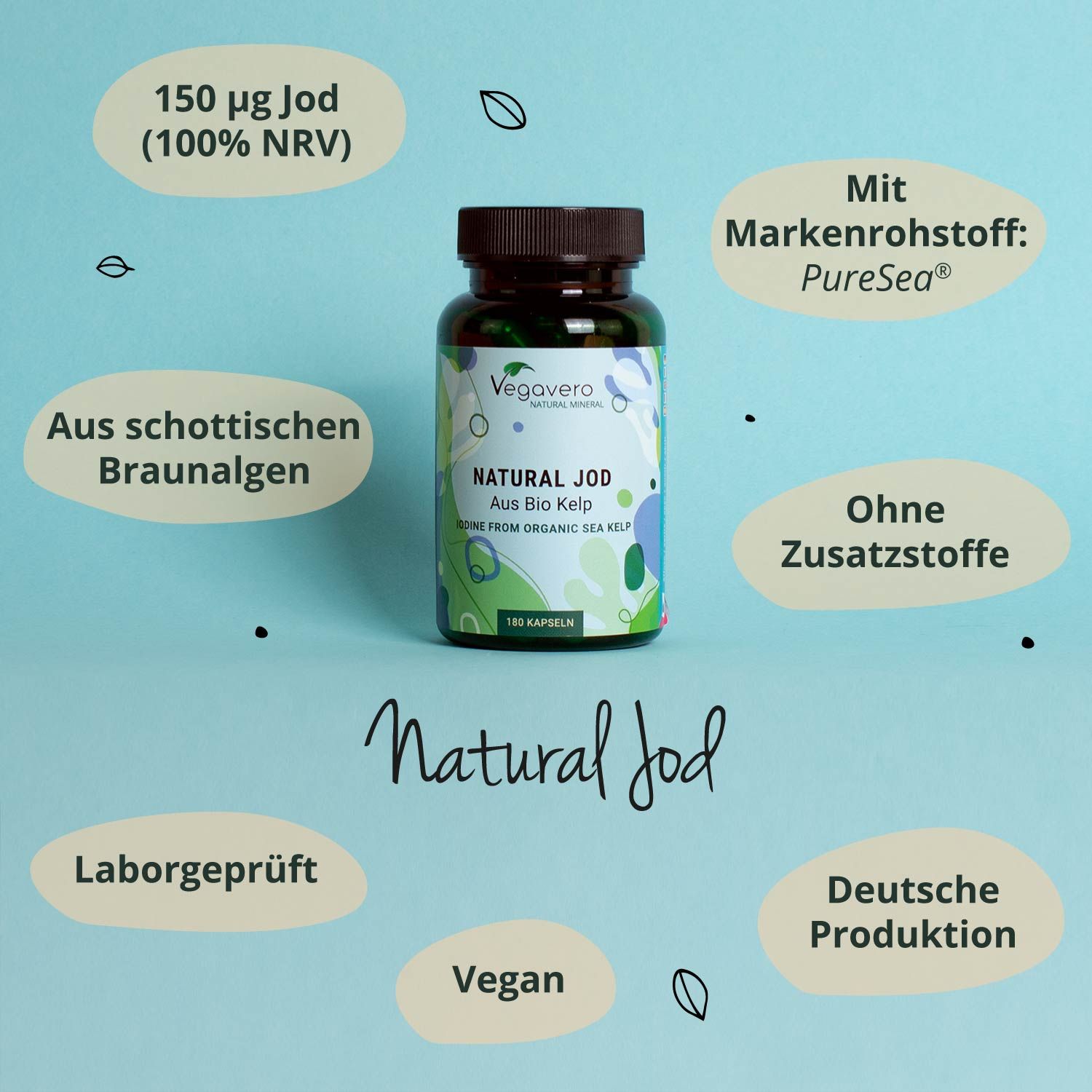 Grüne Flasche mit schwarzen Deckel. Aufschrift: NATURAL JOD, Aus Bio Kelp, 180 Kapseln. Marke: Vegavaro. Text und Icons.