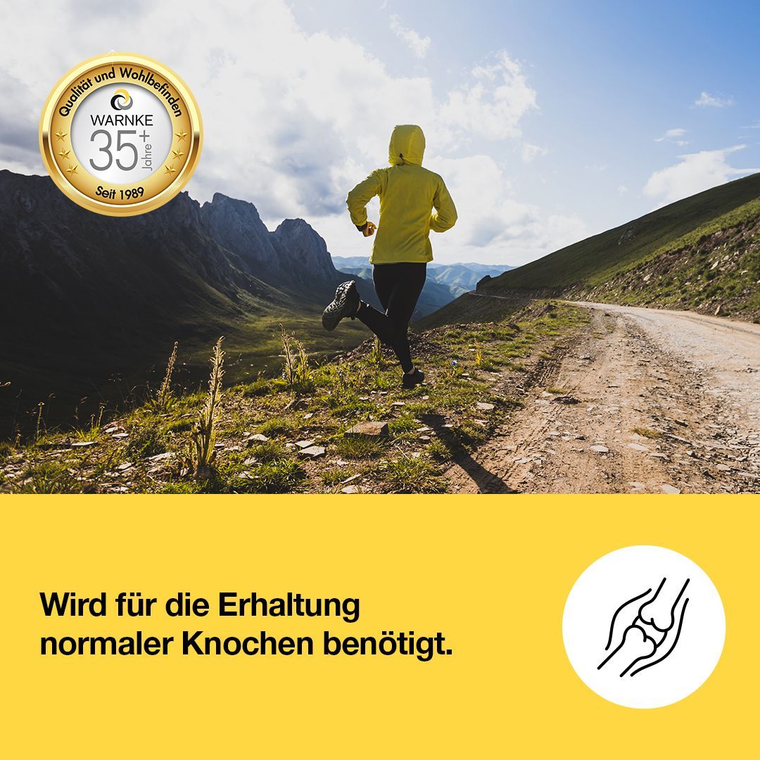 Läuferin auf einem Weg. Gelber Hintergrund mit Text: Wird für die Erhaltung normaler Knochen benötigt. Symbol: Knochen.
