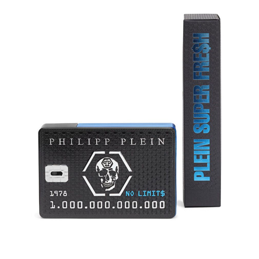 Schwarze rechteckige Verpackung mit Totenkopf-Design und Text: PHILIPP PLEIN, NO LIMITS. Daneben eine weitere Verpackung mit PLEIN SUPER FRESH.