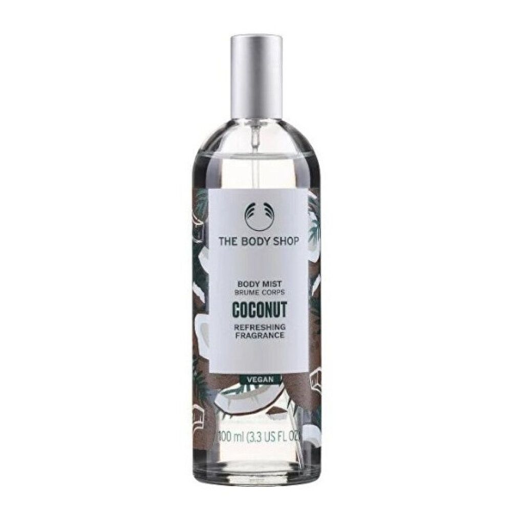 Körpernebel-Flasche mit Kokosnuss-Design. Silberner Sprühkopf. Aufschrift: "Coconut". Vegan.