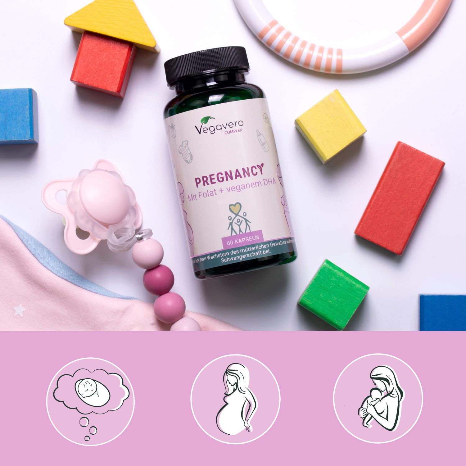 Produktflasche mit Pregnancy-Aufschrift. Umgeben von Spielzeug und Babyaccessoires.