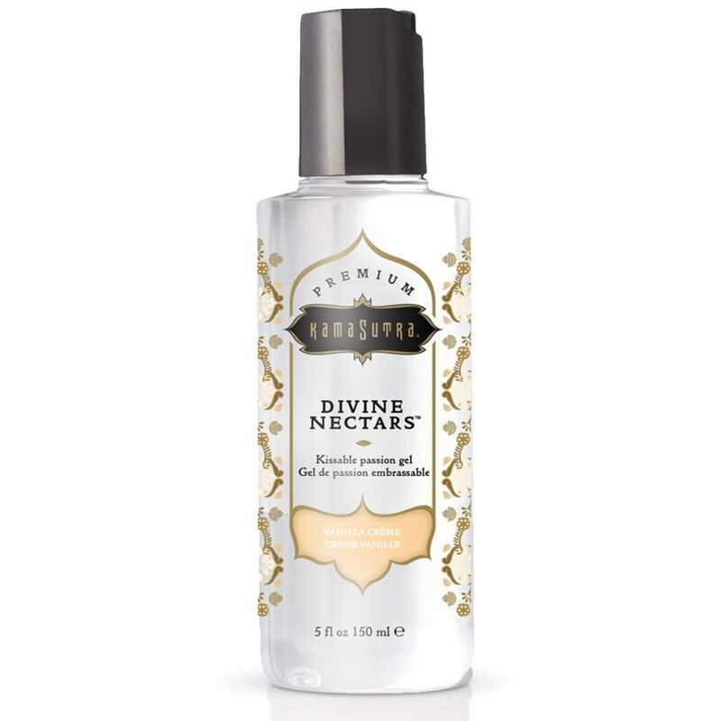 Kamasutra Intimgel. Flasche mit schwarzem Deckel. Aufschrift: Divine Nektars, Vanille. 150 ml.