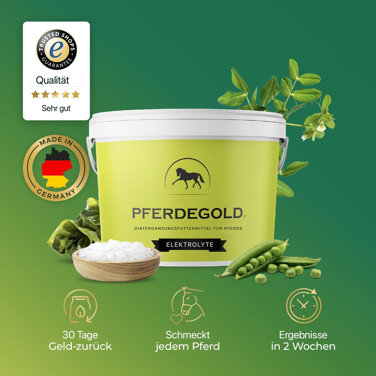 Pferdegold Elektrolyte Eimer mit Siegeln 'Made in Germany' und 'Trusted Shops'.