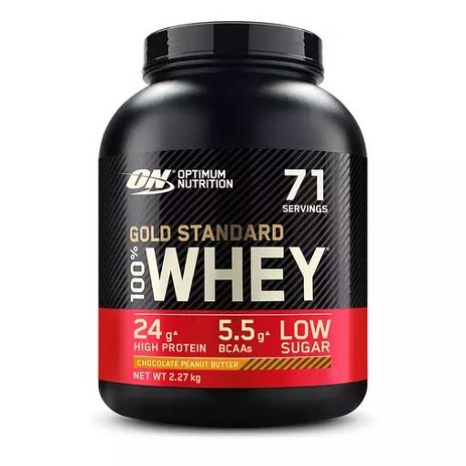 Schwarze Dose mit rotem Etikett. Aufschrift: Gold Standard 100% Whey. Geschmack: Chocolate Peanut Butter. 71 Portionen.