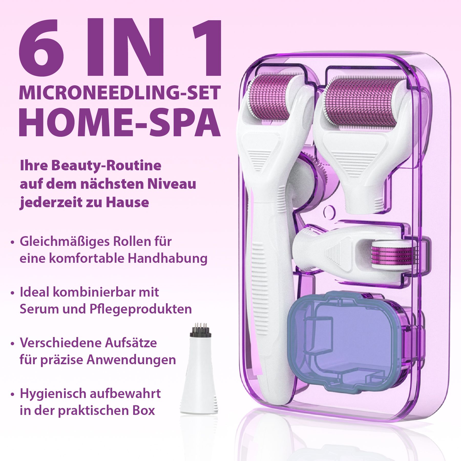 Lila Dermaroller-Set mit mehreren Aufsätzen und Zubehör in einer transparenten Box. Text: 6 IN 1, HOME-SPA.