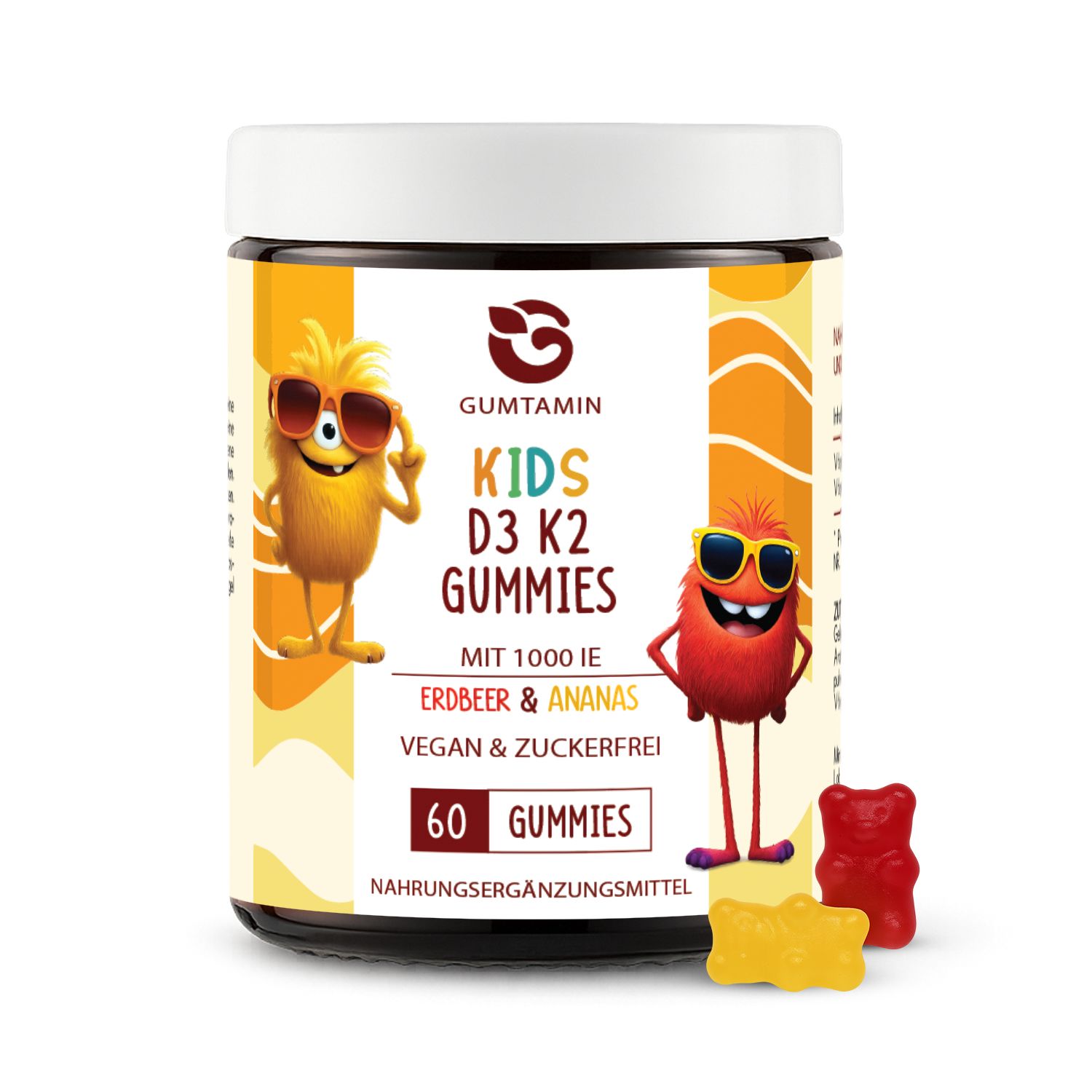 Dose mit Vitamin D3 K2 Gummies. Aufschrift: Gumtamin, Kids D3 K2 Gummies, Erdbeere & Ananas, 60 Gummies. Zwei Gummibärchen daneben.