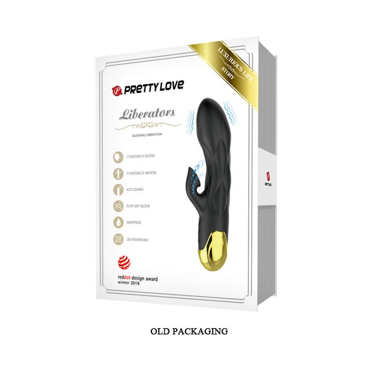 Verpackung mit Vibrator. Marke: Pretty Love. Text: Liberators, Reddot Design Award Winner 2018.