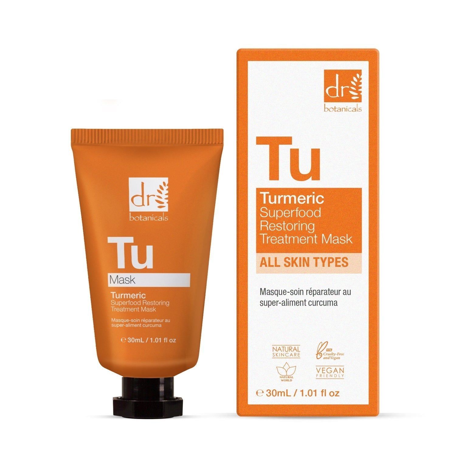 Orange Tube und Karton. Aufschrift: Tu Mask, Turmeric Superfood Restoring Treatment Mask. Marke: Dr Botanicals. Vegan.