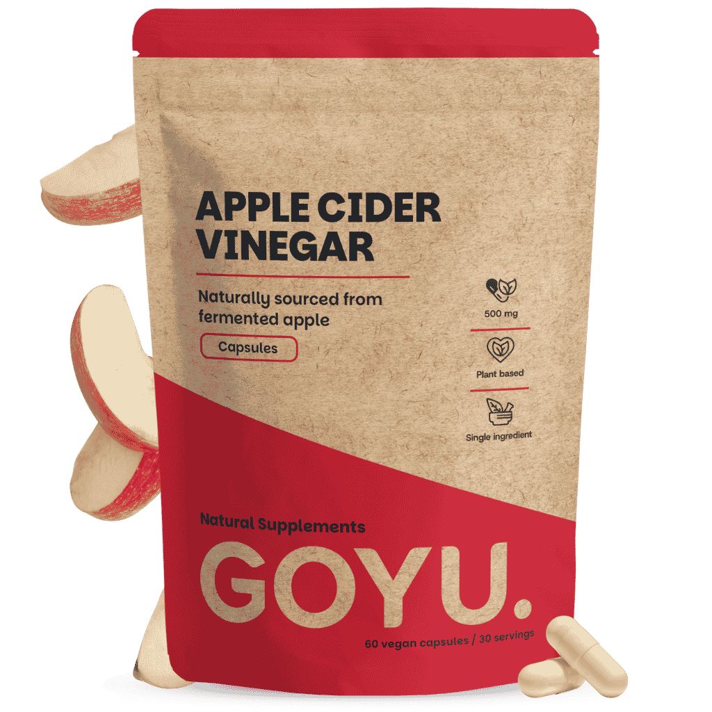 Beutel mit Apfelessig-Kapseln von GOYU. Enthält 60 vegane Kapseln. Natürliche Nahrungsergänzungsmittel.