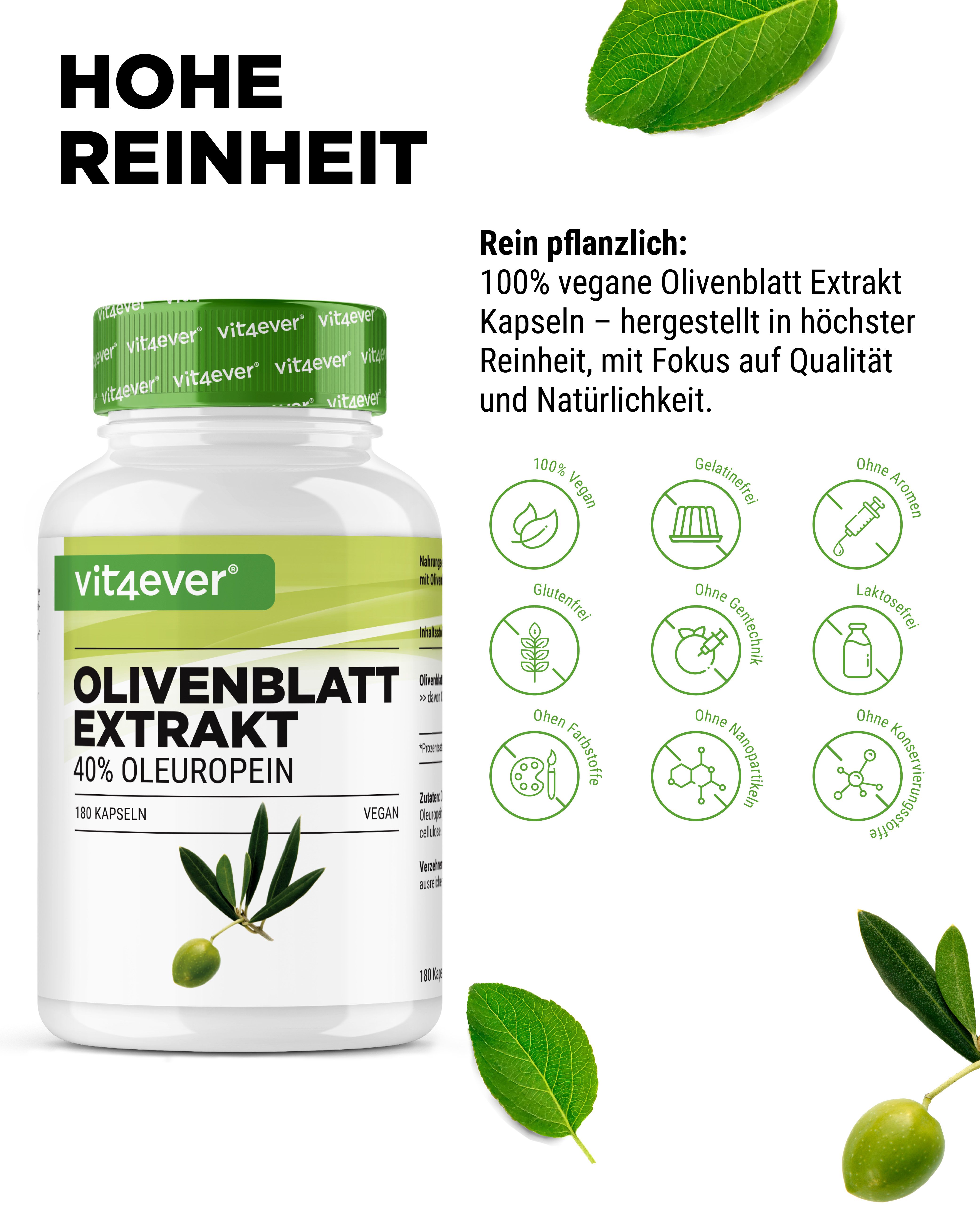 Flasche vit4ever Olivenblatt Extrakt 40% Oleuropein, 180 Kapseln. Text: Hohe Reinheit. Symbole: vegan, glutenfrei, ohne Aromen.