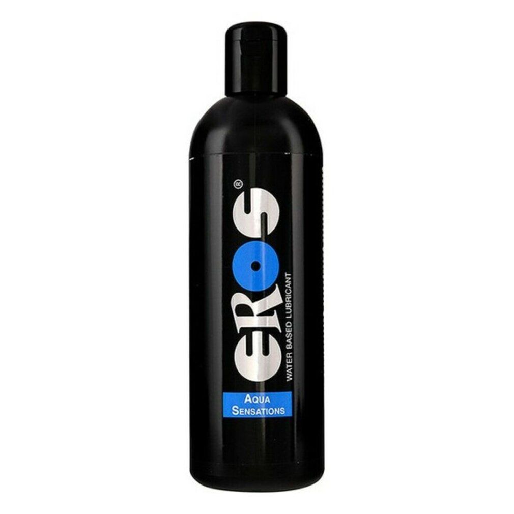 Schwarze Flasche mit weißem "Eros"-Logo und blauem Kreis. "Aqua Sensations" und "Water Based Lubricant" sind ebenfalls sichtbar.