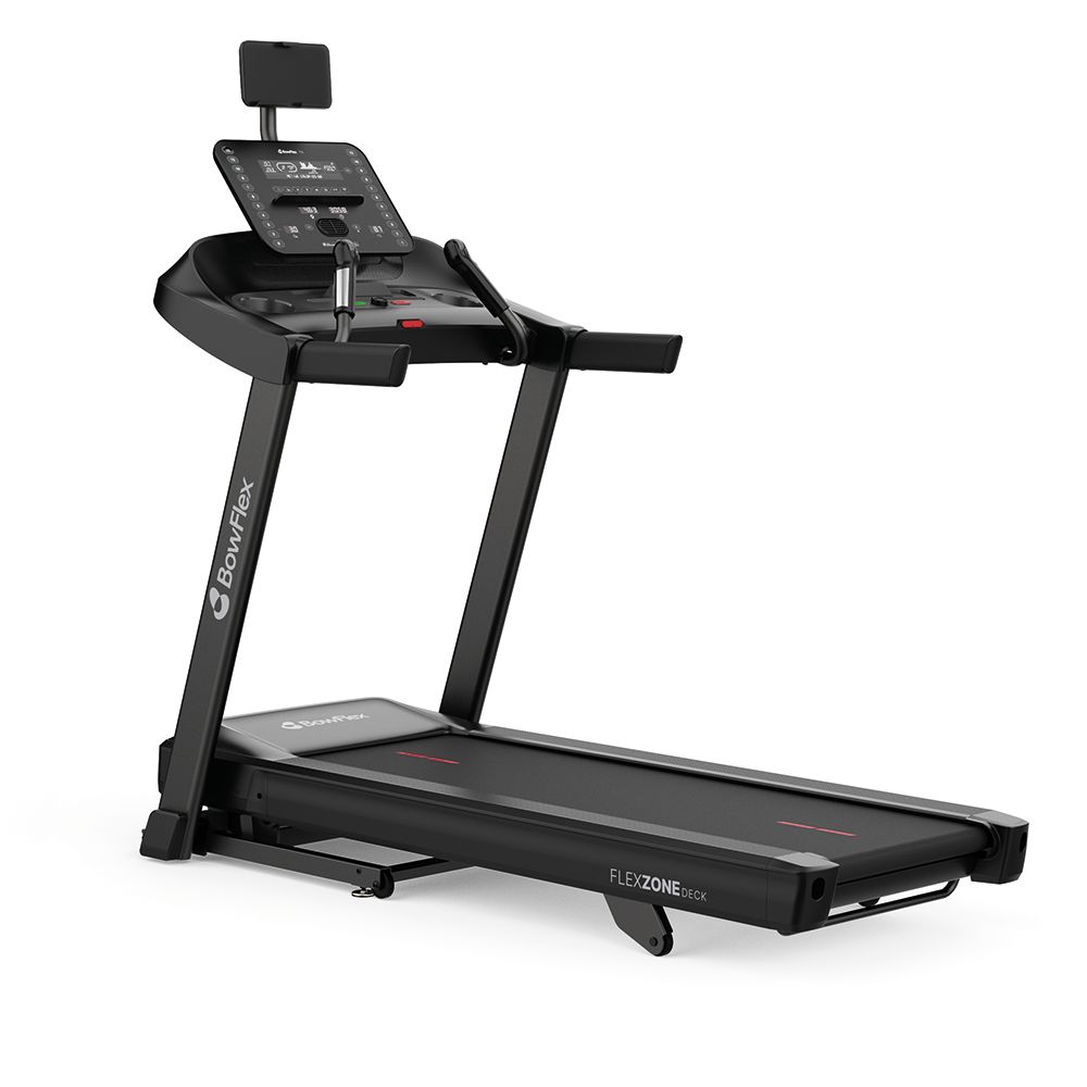 Schwarzes Laufband mit Konsole und Display. Flex Zone-Logo sichtbar. BowFlex-Logo am Rahmen.