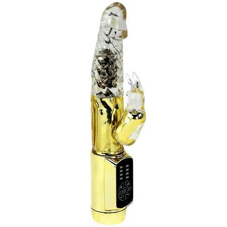 Goldfarbener Vibrator mit transparentem Kopf und Hasenohren. Goldener Schaft mit Bedienfeld. Auf weißem Hintergrund.
