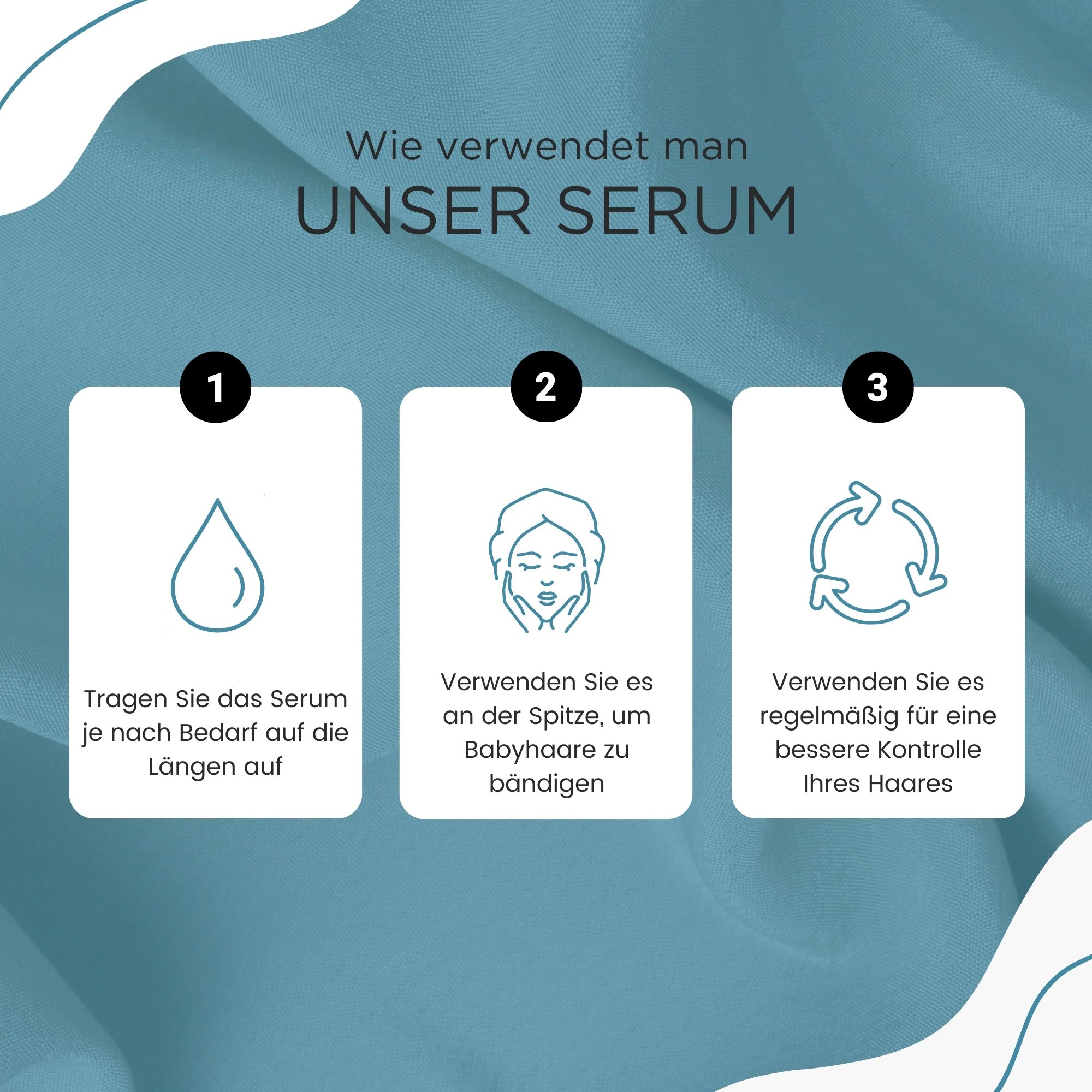 Kerargan Serum. Anwendungsschritte: 1. Auf Längen auftragen. 2. Babyhaare bändigen. 3. Regelmäßig für Kontrolle.