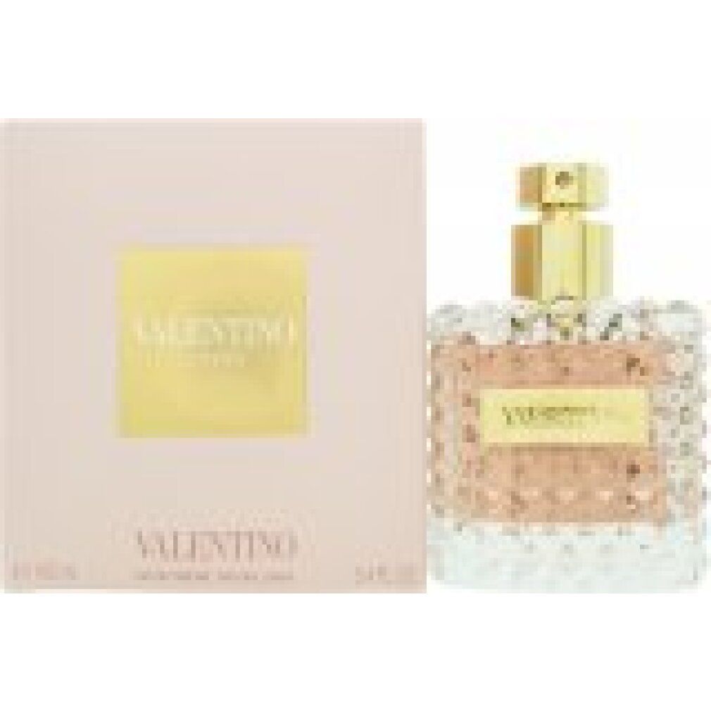 Parfümflakon neben rechteckiger Verpackung. Goldfarbener Schriftzug VALENTINO. Rosa Hintergrund.