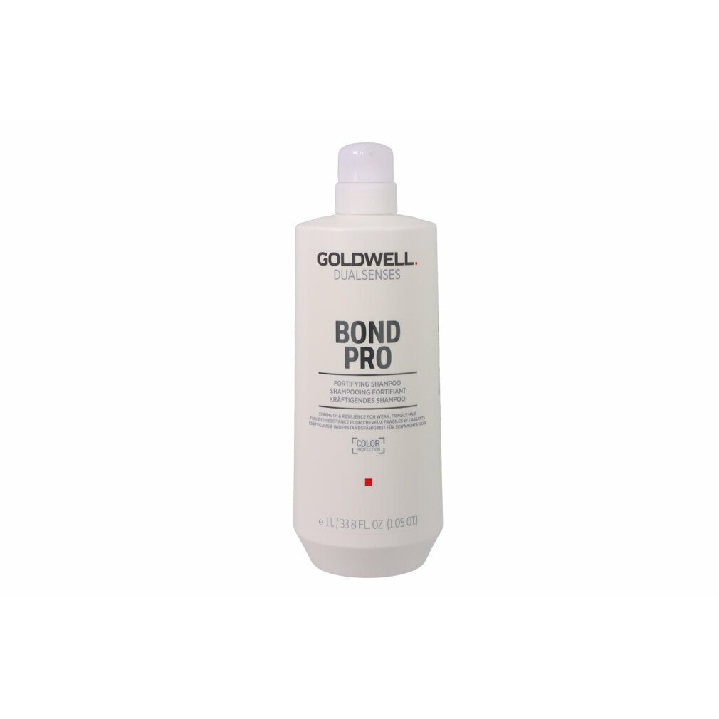 Weiße Flasche mit Schraubverschluss. Aufschrift: GOLDWELL DUALSENSES BOND PRO. 1L. Farbmarkierung.
