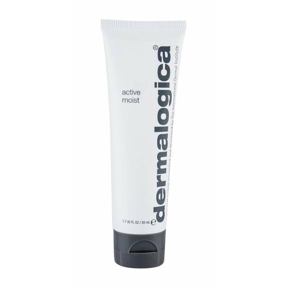 Weiße Tube mit schwarzem Deckel. Aufschrift "active moist" und "dermalogica". 1.7 US FL OZ / 50 ml.