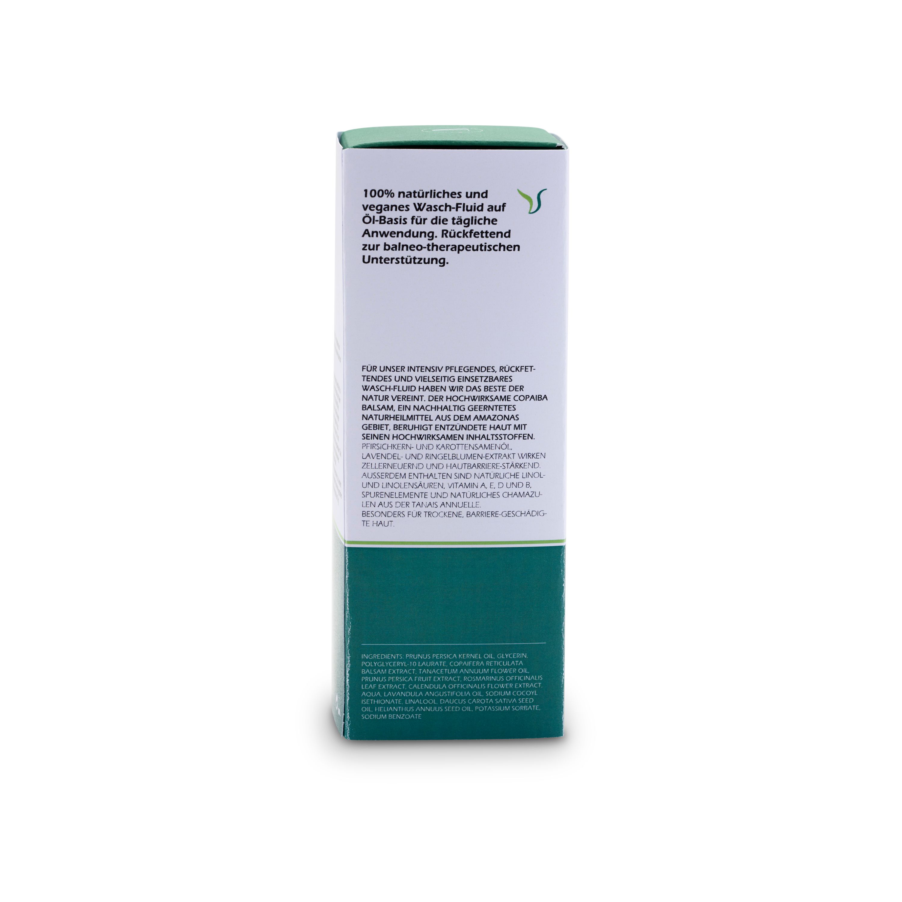 Rückseite der Verpackung. Text in deutscher Sprache. Grün-weiße Farbgebung. Informationen zum Produkt.