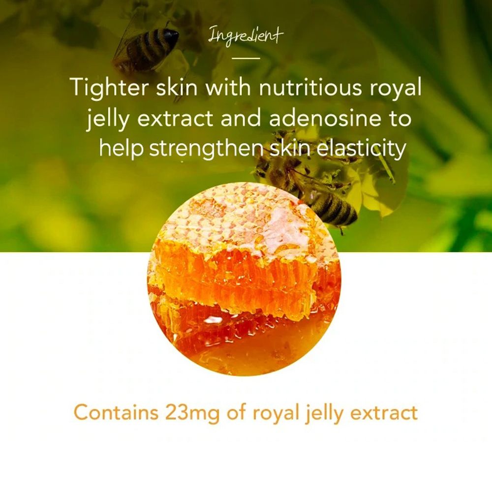 Nahaufnahme von Honigwaben mit Bienen. Text: Enthält 23mg Gelée Royale Extrakt. Text: Straffere Haut mit Gelée Royale Extrakt.