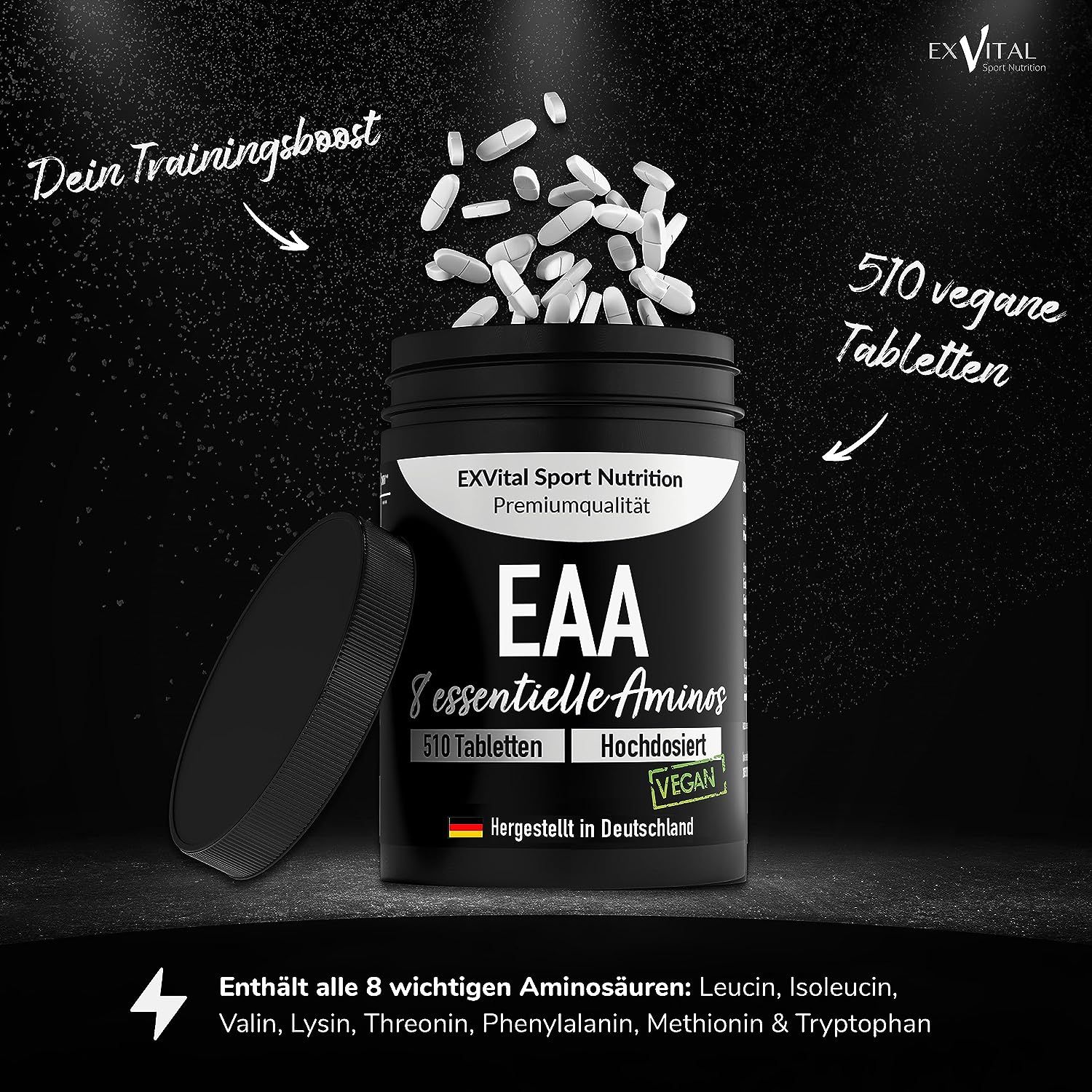 Schwarzer Behälter mit EXVital EAA 8 essentiellen Aminosäuren, 510 veganen Tabletten. Hergestellt in Deutschland.